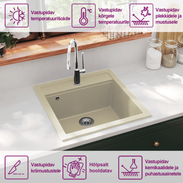 Ühe valamukausiga graniitköögivalamu sõelaga, beež, kapipealne, 49 x 51 cm – 9