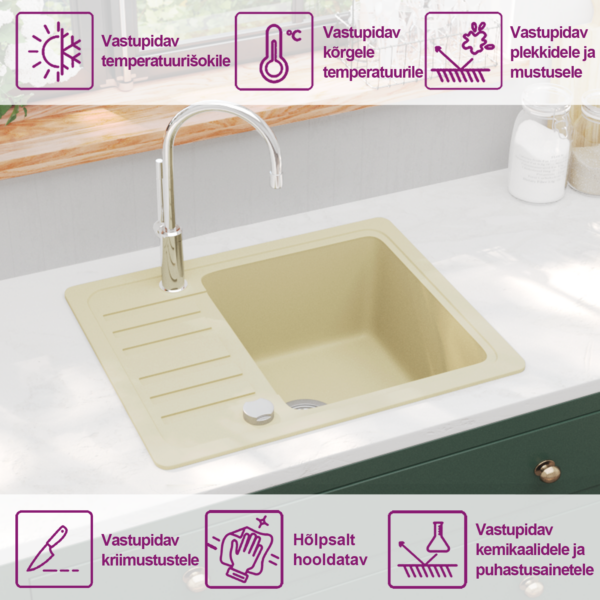 Ühepoolne graniitköögivalamu, beež, pealepaigaldatav, 575 x 460 mm – 9