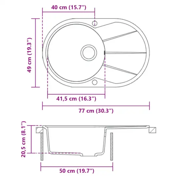 Ühe kausiga ovaalne graniitkomposiitköögivalamu, beež, 770 x 490 mm – 8