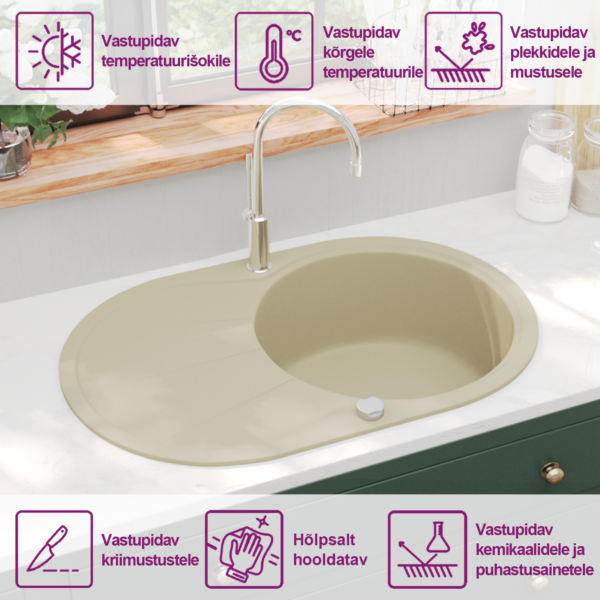 Ühe kausiga ovaalne graniitkomposiitköögivalamu, beež, 770 x 490 mm – 9