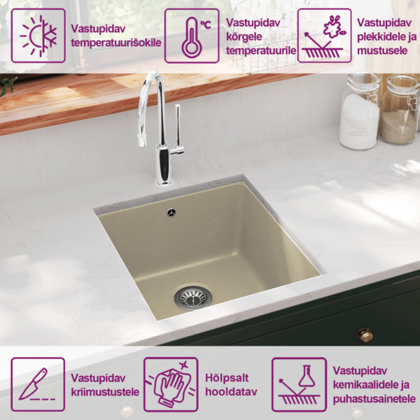 Ühe valamuga graniitköögivalamu aluskinnitusega, beež, 420 x 460 mm – 9