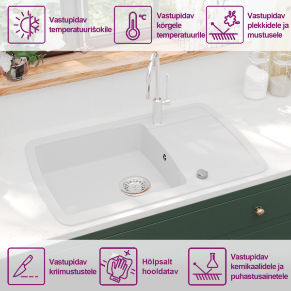 Ühekausiline graniidist köögivalamu, beež, 780 x 500 mm – 9