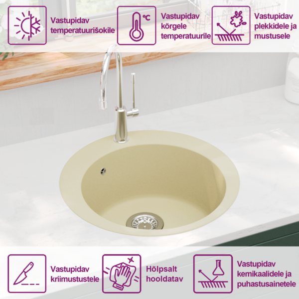 Ümmargune ühepoolne graniitköögivalamu, beež, 505 x 505 mm, pealepaigaldatav – 9
