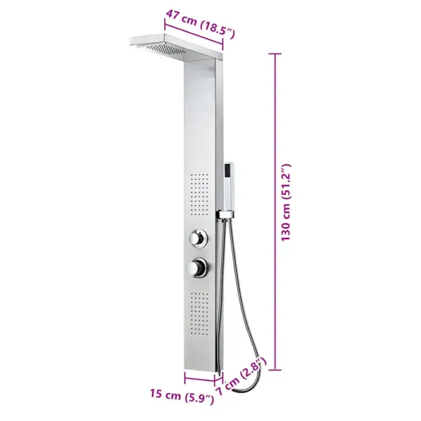 Hõbedane dušipaneeli süsteem vihmaduši, veejuga ja massaažifunktsiooniga, harjatud roostevaba teras, 15 x 47 x 130 cm – 9