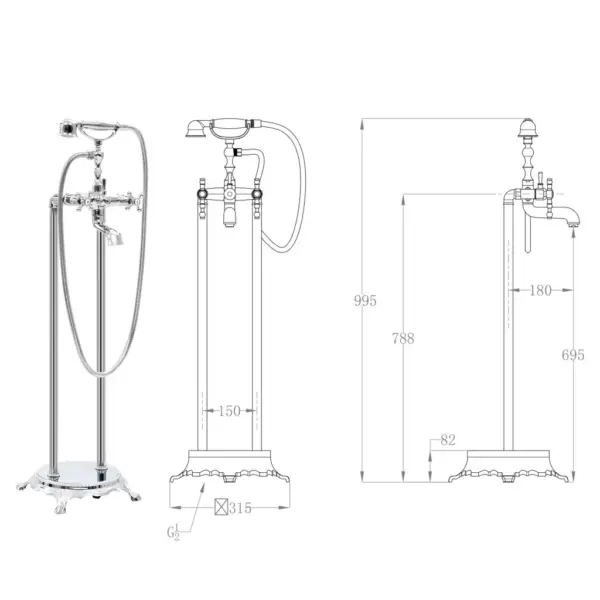 Eraldiseisev vannikraan käsidušiga, kroomitud hõbedane, 99,5 cm – 5