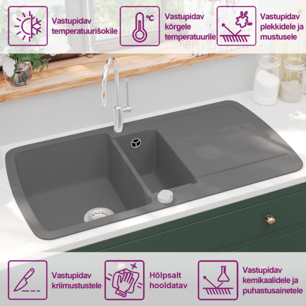 Kahe valamukausiga graniitkomposiit köögivalamu, hall, 960 x 500 mm – 3