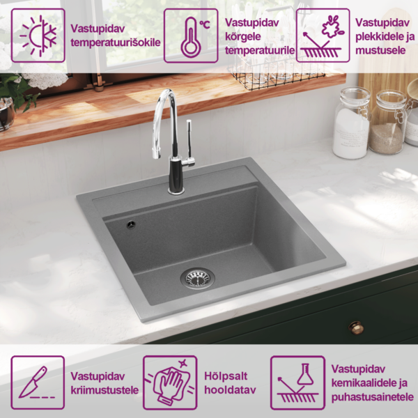 Üheosaline hall graniitkomposiit köögivalamu, kapipealne, 49 x 51 cm – 9