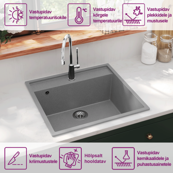 Hall graniitkomposiidist köögivalamu ülevooluavaga, 530 x 500 mm – 10