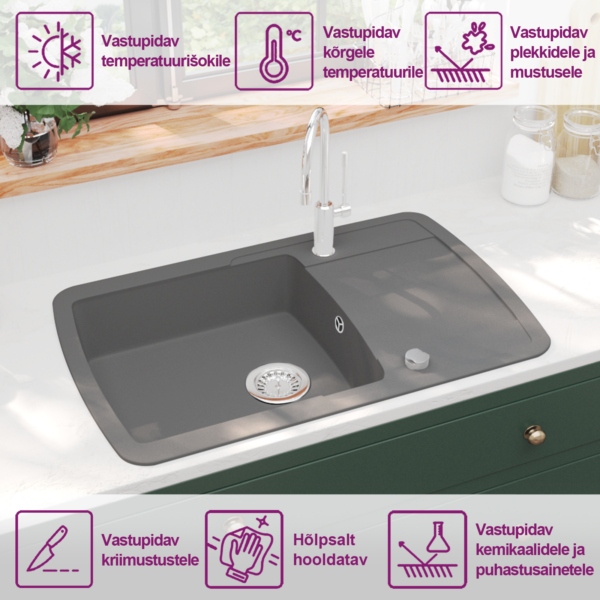 Ühepoolne graniitkoostisega köögivalamu, hall, kapipealne, ümberpööratav, 780 x 500 mm – 9