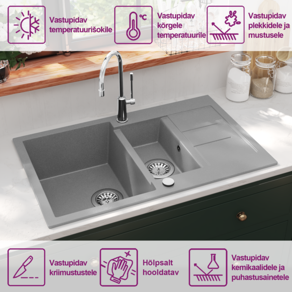 Kahepoolne graniitkomposiit köögivalamu, hall, kapipealne, 800 x 500 mm – 9