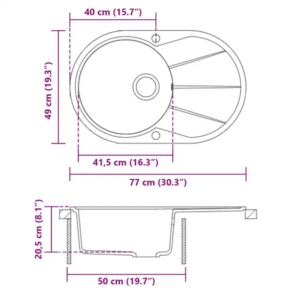 Ovaalne ühepoolne graniitkomposiit köögivalamu, hall, 770 x 490 mm – 8