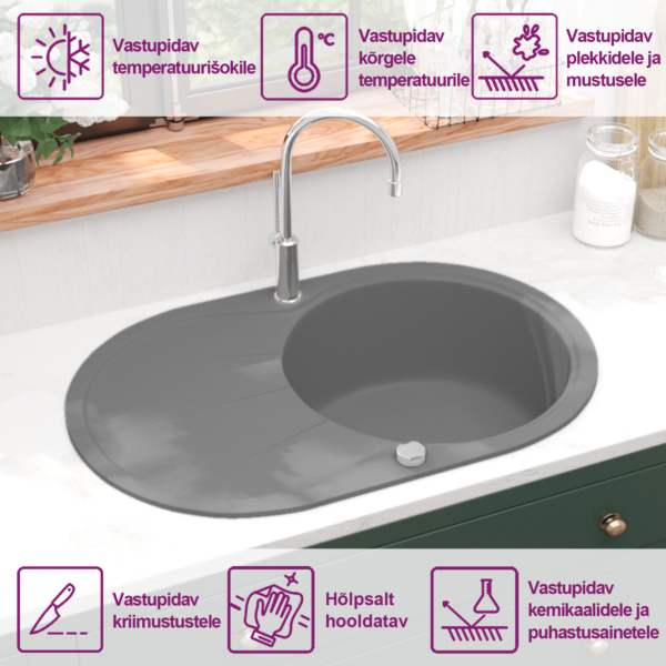 Ovaalne ühepoolne graniitkomposiit köögivalamu, hall, 770 x 490 mm – 9