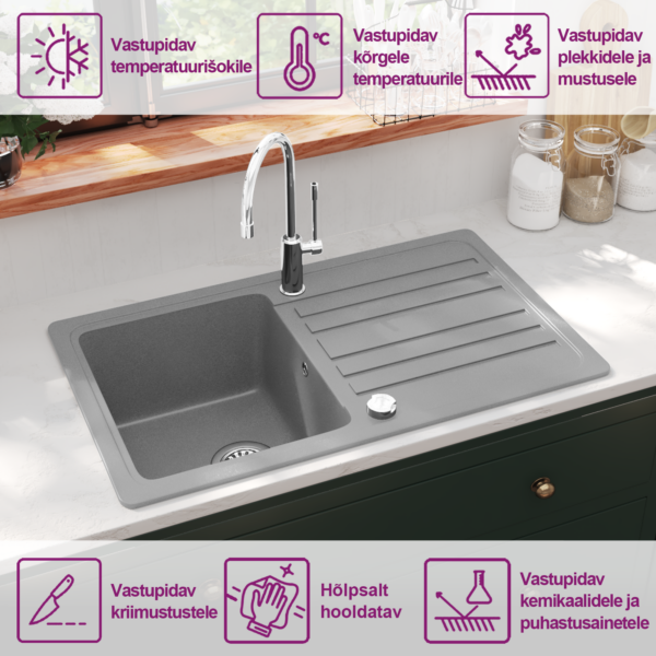 Hall pööratav graniitkomposiidist köögivalamu nõrutusalusega, 765 x 460 mm – 9