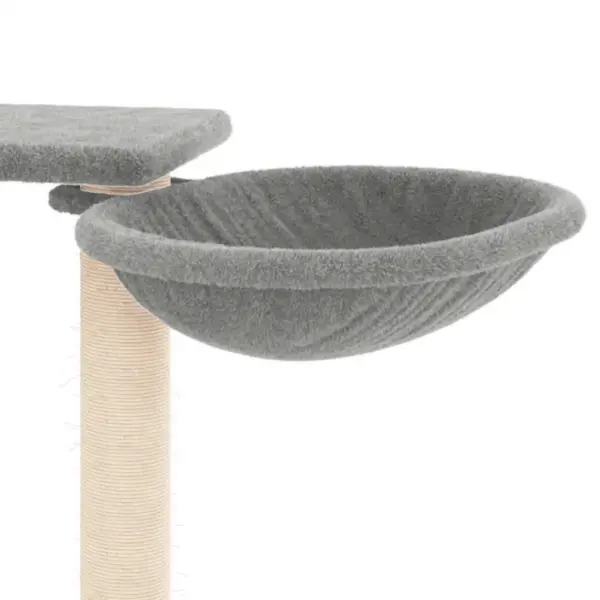 Mitmetasandiline helehall kassimaja kraapimispostidega, puit, plüüs ja sisal, 97 x 67,5 x 82 cm – 7