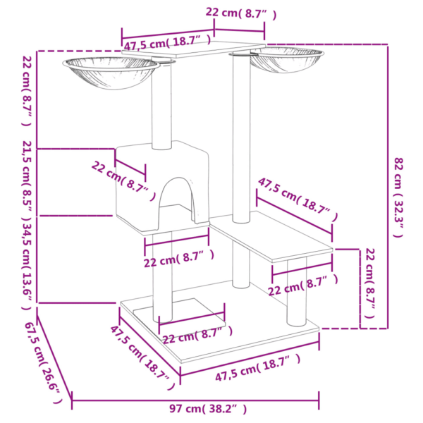 Mitmetasandiline helehall kassimaja kraapimispostidega, puit, plüüs ja sisal, 97 x 67,5 x 82 cm – 8