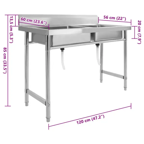 Professionaalne köögivalamu kahe kraanikausiga pritsmekaitsmega, roostevaba teras, 120 x 60 x 85 cm – 8