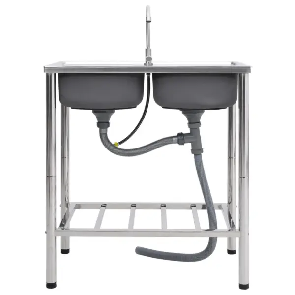 Kahe valamuga roostevabast terasest matkavalamu kraani ja alusraamiga, hõbedane, 78 x 43 x 18,8 cm – 2