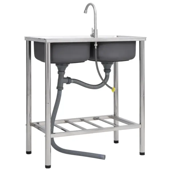 Kahe valamuga roostevabast terasest matkavalamu kraani ja alusraamiga, hõbedane, 78 x 43 x 18,8 cm – 4