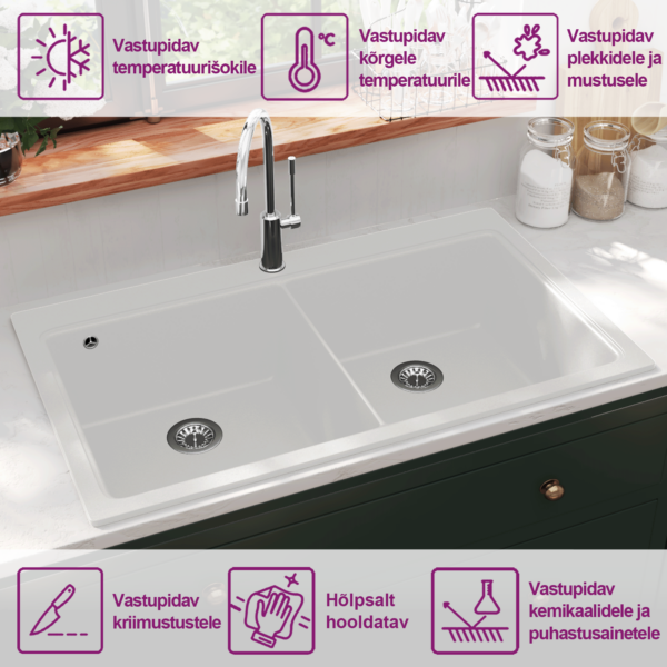 Kahese valamuga pealepaigaldatav graniitkomposiitköögivalamu, valge, 860 x 510 mm – 9