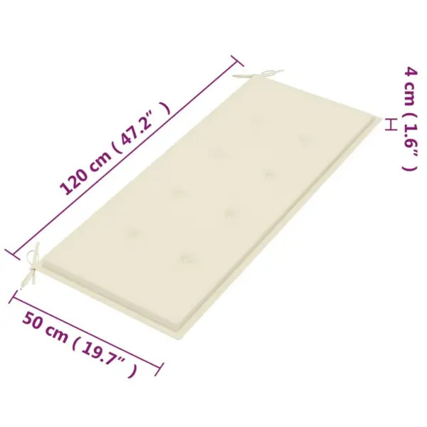 Kahekohaline eukalüptipuidust aiapink käetugede ja kreemjasvalge istmepadjaga, 120 cm – 11