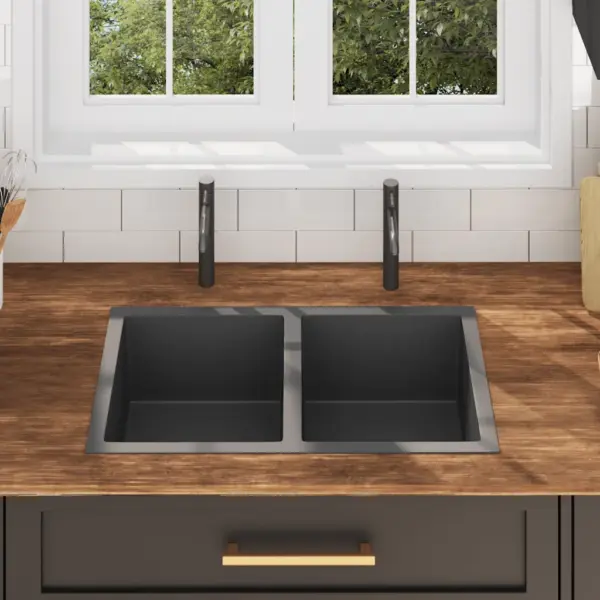 Käsitsi valmistatud kahekordne köögivalamu, must harjatud roostevabast terasest, 76 x 44 x 20 cm – 3