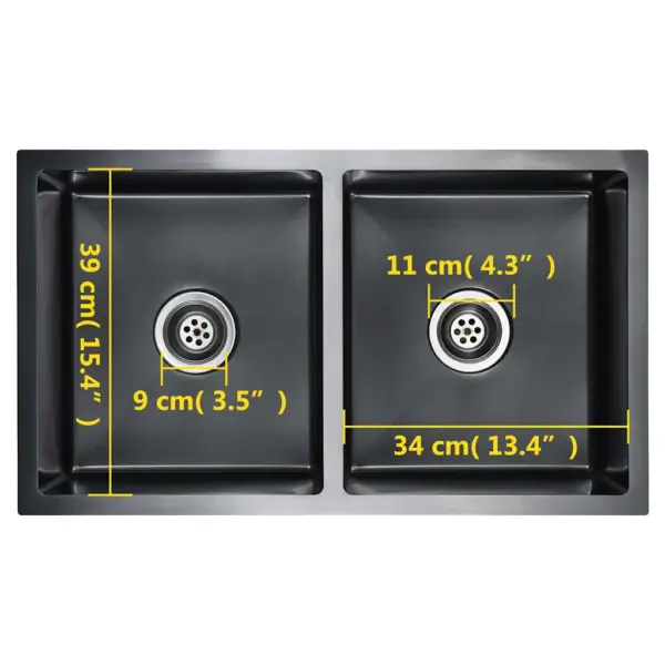 Käsitsi valmistatud kahekordne köögivalamu, must harjatud roostevabast terasest, 76 x 44 x 20 cm – 9
