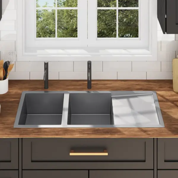 Käsitsi valmistatud kahekordne köögivalamu nõrutusalusega, harjatud roostevaba teras, hõbedane, 111,5 x 44 x 20 cm – 3