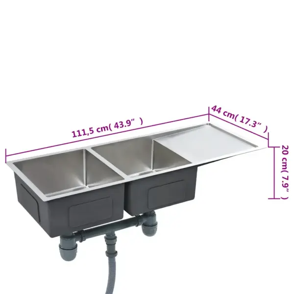 Käsitsi valmistatud kahekordne köögivalamu nõrutusalusega, harjatud roostevaba teras, hõbedane, 111,5 x 44 x 20 cm – 8