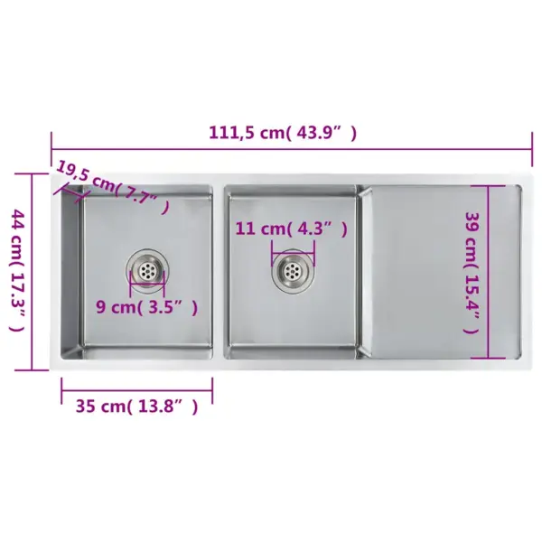 Käsitsi valmistatud kahekordne köögivalamu nõrutusalusega, harjatud roostevaba teras, hõbedane, 111,5 x 44 x 20 cm – 9