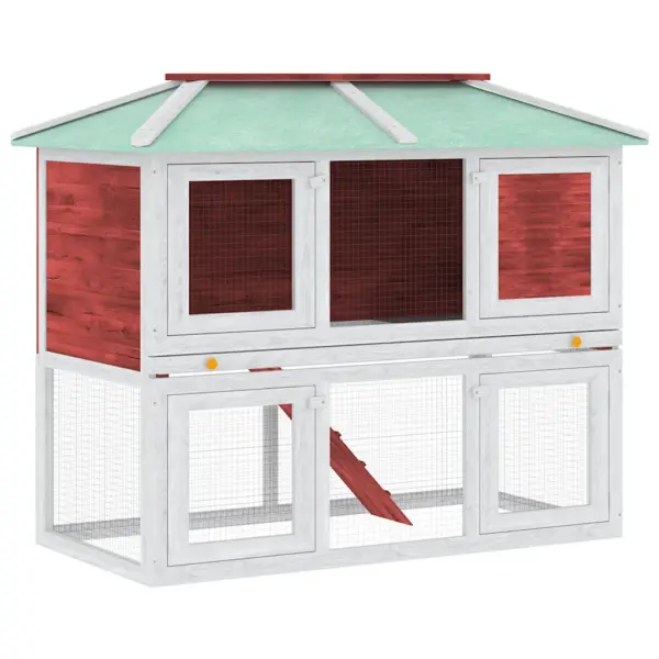 Ilmastikukindel kahekorruseline küülikupuur rohelise katusega, valge ja punane nulupuit, 130 x 68 x 105 cm – 2