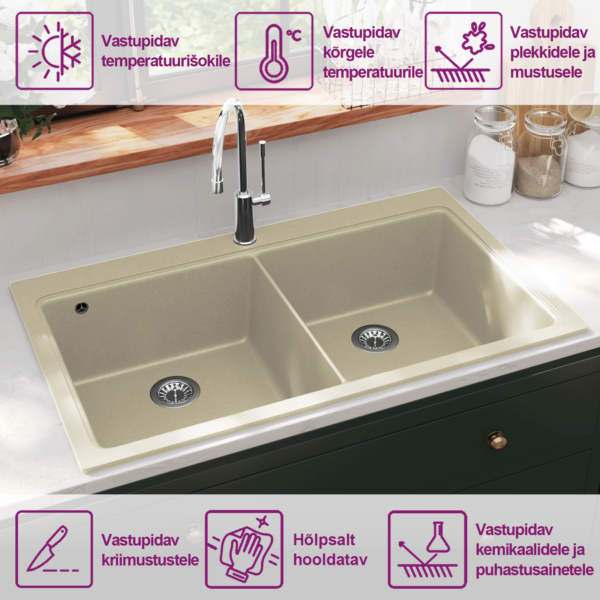 Kaheosaline graniitkomposiidist köögivalamu, beež, 860 x 510 mm, pealepaigaldatav – 9
