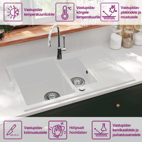 Kahepoolne graniidist köögivalamu, kapipealne, valge, 800 x 500 mm – 9