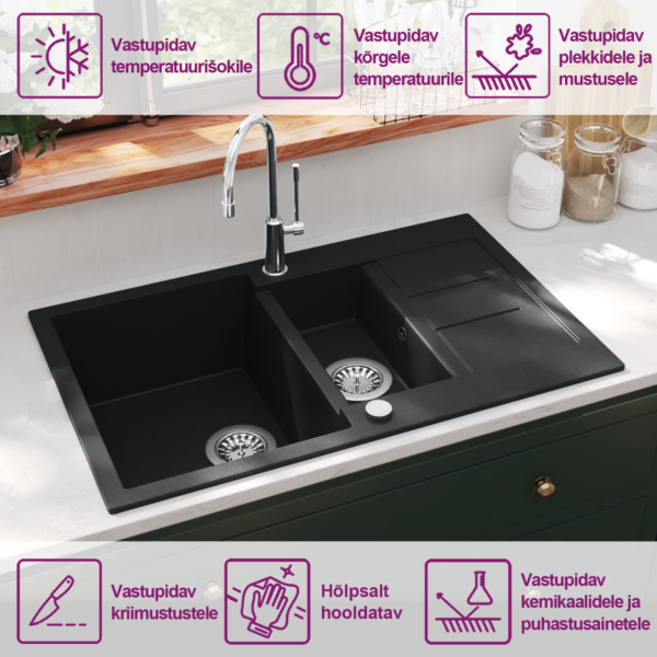 Kahepoolne graniitkomposiidist köögivalamu, must, 800 x 500 mm – 9