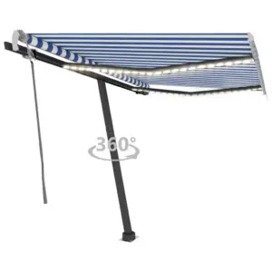 Käsitsi sissetõmmatav terrassivarikatus LED-valgustusega, sinivalge, 300 x 250 cm, antratsiithalli alumiiniumraamiga