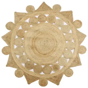 Käsitsi valmistatud ümmargune džuutvaip, naturaalne, lillemotiiviga, 90 cm