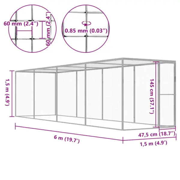 Õuekasside puur tsingitud terasest, hõbedane, 6 x 1,5 x 1,5 m – 5