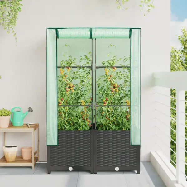 Kasvuhoonekattega kõrgendatud taimekast, rotangi välimus, must, 80 x 40 x 138 cm – 3