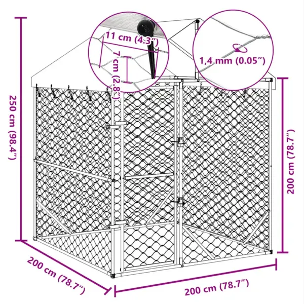 Katusega koeraaedik tsingitud terasest, hõbedane, 2 x 2 x 2,5 m – 8