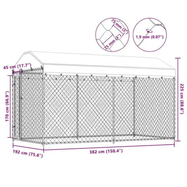 Tsingitud terastraadist katusega koeraaed, hõbedane, 382 x 192 x 225 cm – 7