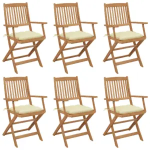 Kokkupandavad akaatsiapuidust aiatoolid käetugedega, 6 tk, kreemjasvalgete patjadega