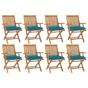 Kokkupandavad tiigipuust aiatoolid siniste patjadega, 8 tk