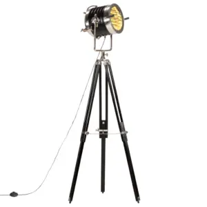 Retro kolme jalaga põrandalamp reguleeritava kõrgusega, must mangopuit ja hõbedane metall, 117–171 cm