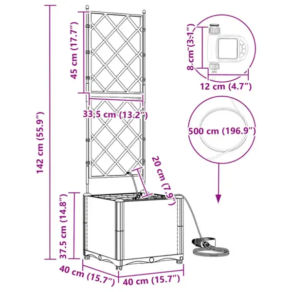Kõrge aiapott ronitaimedele kastmissüsteemiga, 2 tk, helehall teras, 40 x 40 x 142 cm – 9