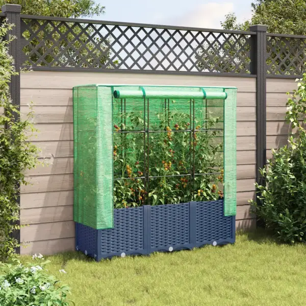 Kõrgendatud taimekast kasvuhoonekattega, rotangi välimus, sinakashall, 120 x 40 x 138 cm - 3