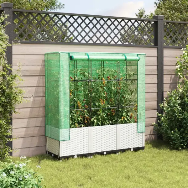 Kõrgendatud taimekast kasvuhoonekattega, rotangi välimus, valge, 120 x 40 x 138 cm - 3