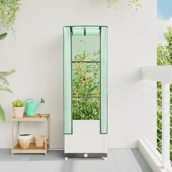 Kõrgendatud taimekast kasvuhoonekattega, rotangiimitatsiooniga, valge, 40 x 40 x 139 cm – 3