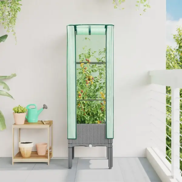 Kõrgendatud taimekast kasvuhoonekattega, rotangi välimus, helehall, 40 x 40 x 140 cm – 3