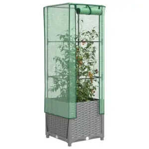 Kasvuhoonekattega kõrgendatud taimekast rotangiimitatsiooniga, helehall, 40 x 40 x 139 cm