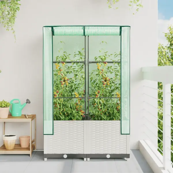 Kõrgendatud taimekast kasvuhoonekattega, valge rotangiimitatsioon, 80 x 40 x 138 cm - 3
