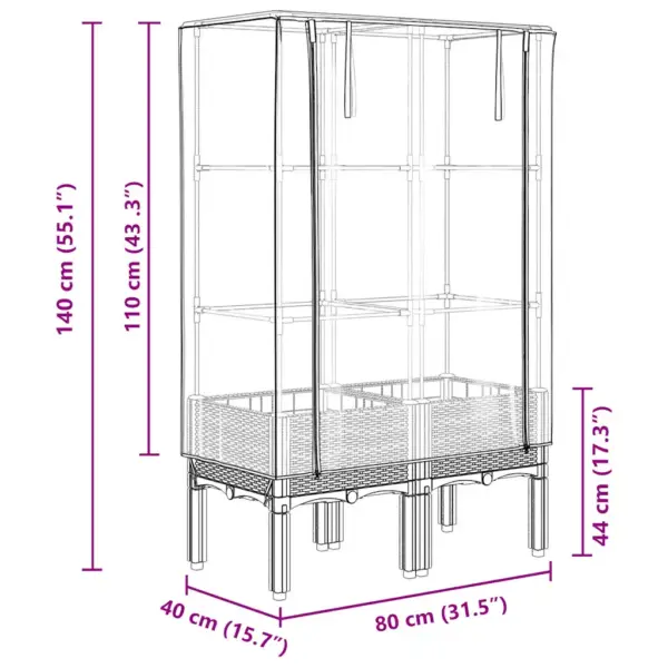 Kõrgendatud taimekast kasvuhoonekattega, rotangiimitatsiooniga, sinakashall, 80 x 40 x 140 cm – 9